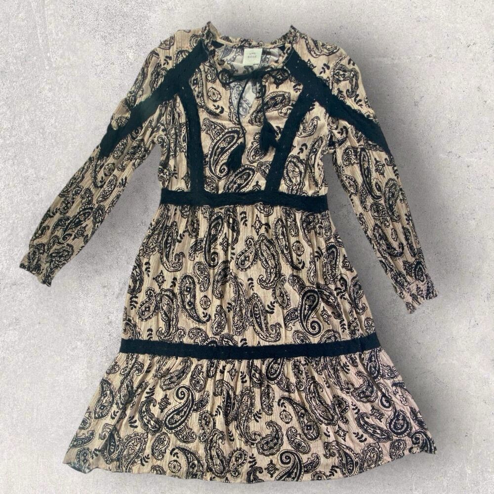 Knox Rose Large Black Beige Paisley Long Sleeve Tiered Boho Dress Tassel